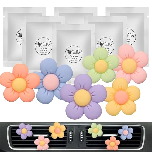 Image of Cute Flower Car Decor Interior Aesthetic Accessories for Women Mom Gifts | 6pcs Girly Cars Air Freshener Vent Clips for Girls Pink /Purple /Blue /Green /Yellow Boho Scents Decorations Stuff