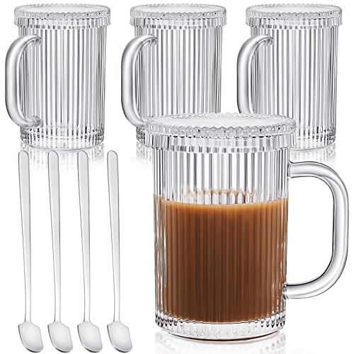 Suclain 4 Pieces Glass Coffee Mugs Clear Vertical Stripes Tea Mug With Lid And Spoon Ribbed Glasses For Espresso Milk Chocolate Latte Juice Anniversary And Birthday, 11.8 Oz #TOP19