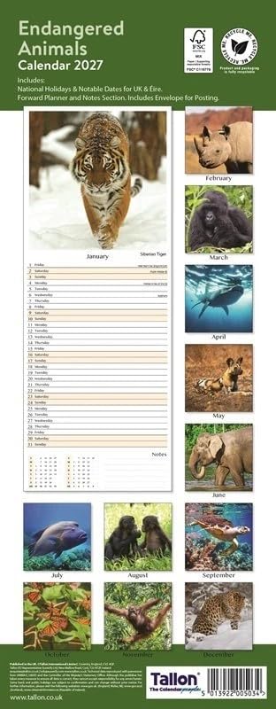 2027 Super Slim Month to View Spiral Bound Hanging Wall Calendar Home Office (Endangered Animals) โ image 1