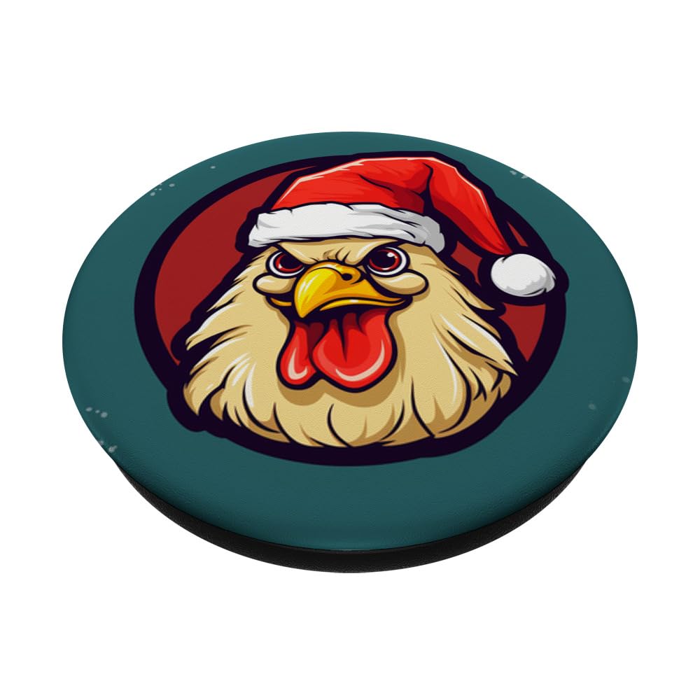 a cartoon chicken in a Santa hat with a mischievous smirk PopSockets Swappable PopGrip, Black - Image 2
