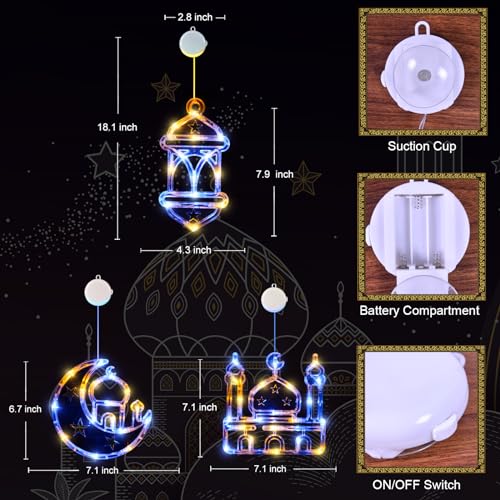 LOLStar Ramadan Decorations, 3 Pack Blue and Warm White Lantern, Moon, Mosque Eid Mubarak Window Lights Battery Operated Hanging LED Lights with Timer & Slow Fade Mode, Perfect Decor for Eid al Fitr by LOLStar - Image 3