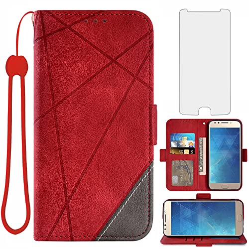 Asuwish Compatible with Moto E4 Plus Wallet Case and Tempered Glass Screen Protector Flip Card Holder Stand Cell Accessories Phone Cover for Motorola E Plus 4th Generation MotoE4 4E + E4+ E4Plus Red