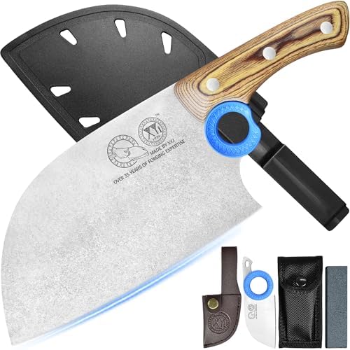 XYJ Authentic Since 1986,Heavy Duty Large Meat Cleaver,Serbian Chef Butcher Knife with Case,Chefs Vegetable Kitchen Knife,Full Tang for Outdoor Camping,Wood Handle with Sheath