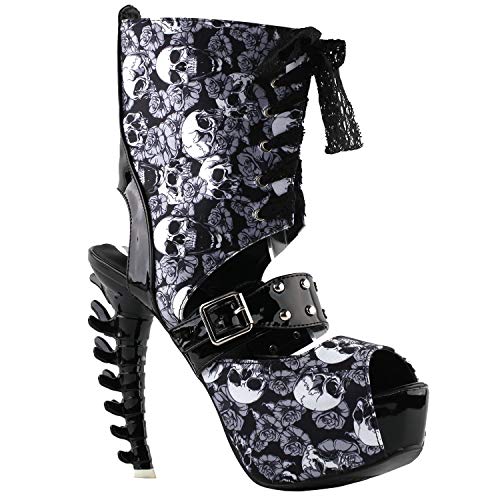 SHOW STORY Punk Skull Rose Print Stud Buckle Lace-UpPlatform Bone Heel Club Ankle Bootie Sandals,LF806632