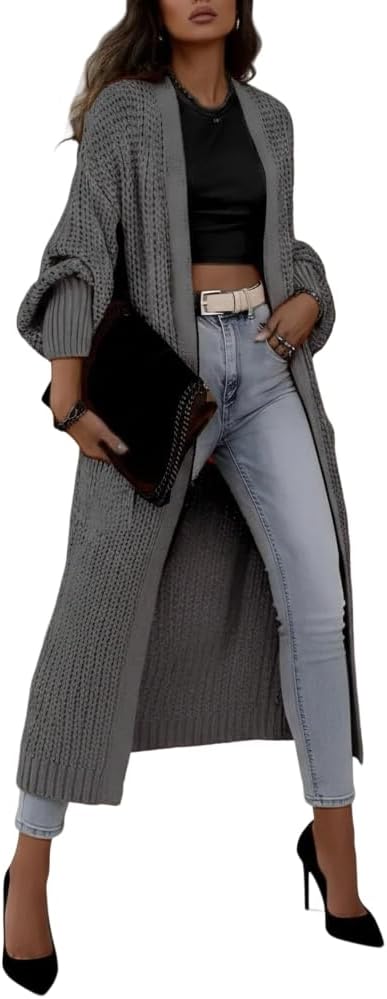 Women's Longline Oversize Knit Cardigan, Open Front Midi Thin Sweater Coat with Pockets, Loose Fit Balloon Sleeves