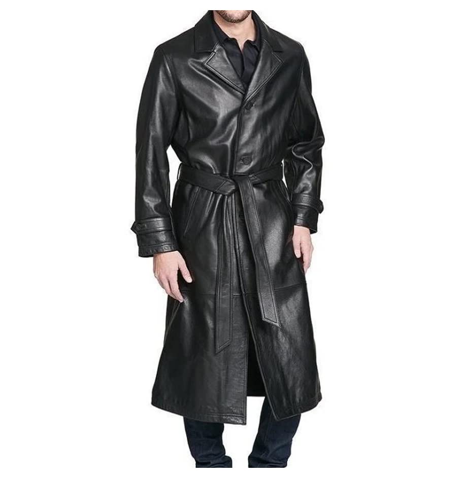 Men’s Premium Black Leather Full Length Trench Coat Lapel Collar Classic Design Coat