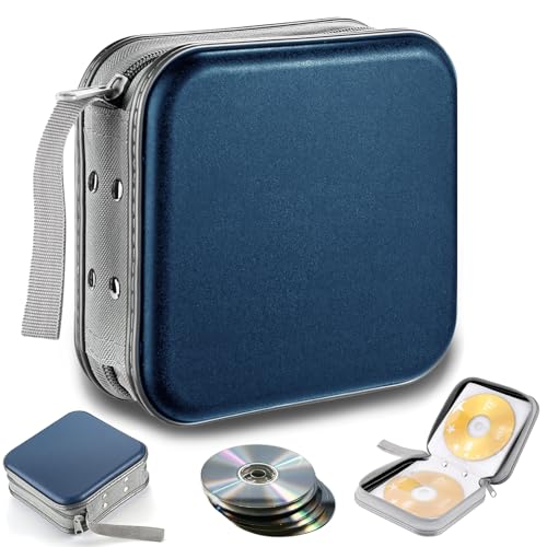 qhklew Torba na płyty CD na 40 dysków, CD i DVD, torba do przechowywania, z zamkiem błyskawicznym, torba Oxford, teczka do przechowywania, oszczędność miejsca, do samochodu i domu (niebieski twardy