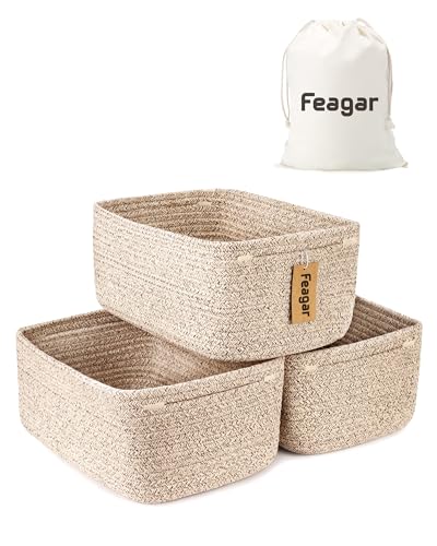Feagar Storage Basket - Shelf Baskets for Organizing, Woven Cotton Rope Baskets for Gifts Empty with Handles, 13 x 8.7 x 5.1\'\' Small Toy Basket for Closet, Shelves, Bathroom, Home, 3 Packs Brown