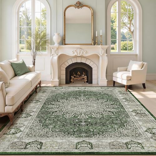 BYBSRLL Groß Vintage Teppich Wohnzimmer 160x230 cm - Weicher, Waschbarer & Rutschfester Kurzflor Teppiche, Orient Teppich Gegend für Esszimmer, Schlafzimmer, Kinderzimmer und Homeoffice, Alt-Grün