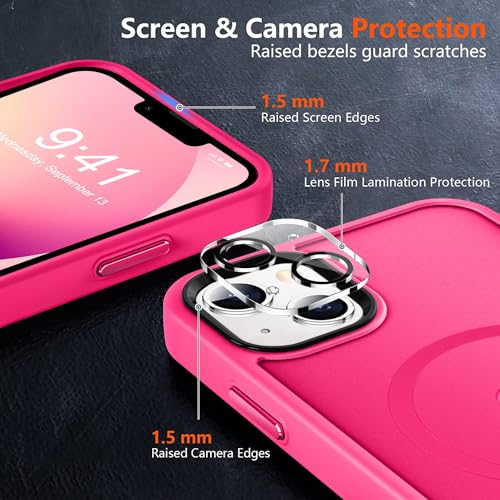 Image of MOCCA Strong Magnetic for iPhone 13 Case, [Compatible with Magsafe][Screen Protector+Camera Lens Protector] Translucent Matte Back Slim Shockproof Case for iPhone 13 Phone Case 6.1 inch, Hot Pink
