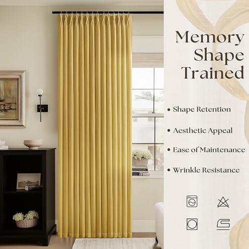 Image of Mustard Yellow Pinch Pleated Semi Sheer Linen Curtains 90 Inch for Bedroom | Living Room, Drapes, Light Filtering Privacy, Flax Textured, Hook Rings Memory Shape, Modern Boho, Golden Ochre, 90 inch Long