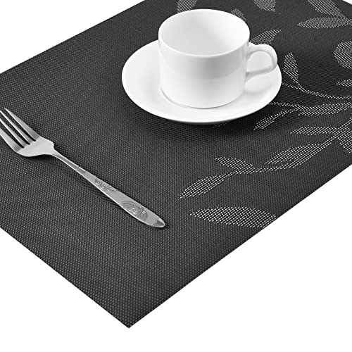 Miorkly Placemats and Coasters Sets of 6 Weaving Table Mats Resistant Washable Non-slip PVC Christmas Table Place Mats and Coaster Sets for Home Restaurant,Black Leaf - Image 2