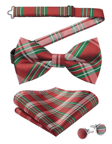 Image of HISDERN Mens Plaid Bow Tie Set Pocket Square and Cufflinks Bowtie | Pretied Bowties Design for Easy Wear,Check Pattern,Matching Handkerchief Cuff Link,3PCS Set Wedding Formal Party Groom Prom