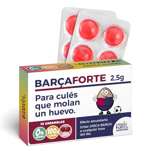 Caramelos de broma BARÇAFORTE | Caja con 12 caramelos sin azúcar sabor cereza | Regalo original para culés de corazón | Ideal para gritar ¡Visca Barça! en cada bocado