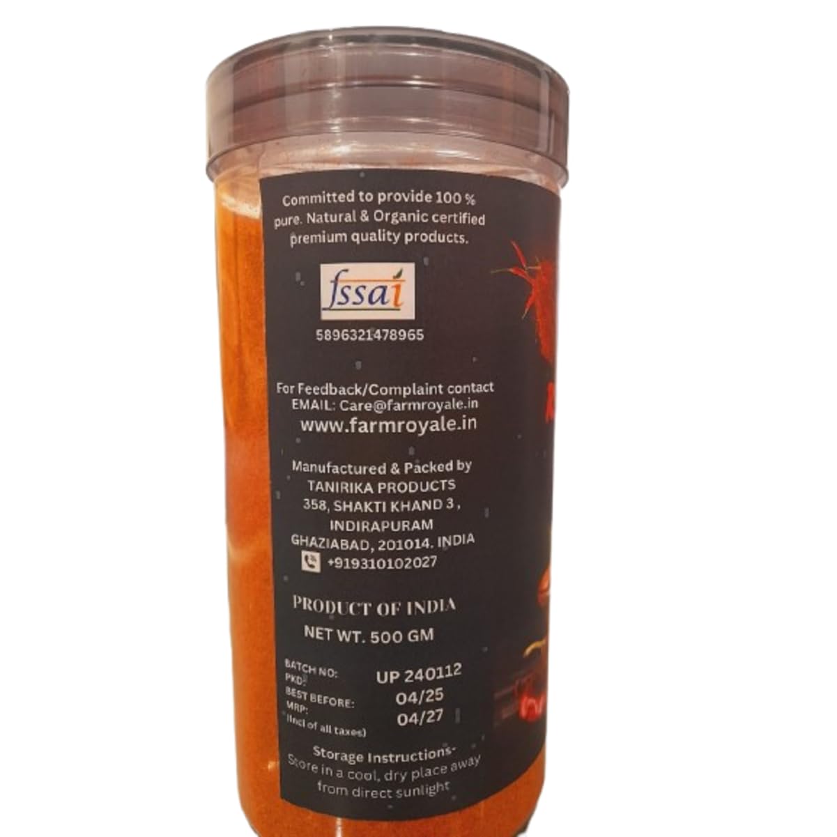 Farm Royale Mathania Red Chilli (Lal Mirch) Powder-500 gm||100% Pure and Natural||Shudh||Handpicked Material||Export quality
