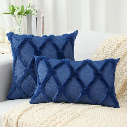 decorUhome Throw Pillow Covers 20x20 Inch Set of 2, Soft Plush Faux Fur Wool Dark Blue Couch Pillow Covers, Decorative Neutral Pillow Cases for Bed Sofa Living Room Home Decor