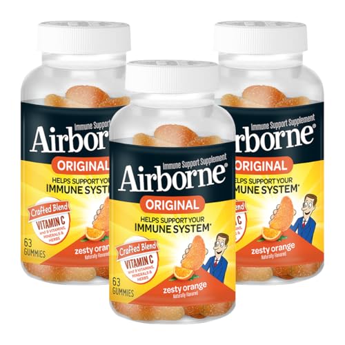 Airborne 750mg Vitamin C Immune Support Supplement Gummies for Adults, Zesty Orange Flavor, Gluten Free Crafted Blend with Powerful Antioxidants Vitamins A C & E, 63 Gummies (3 Pack)