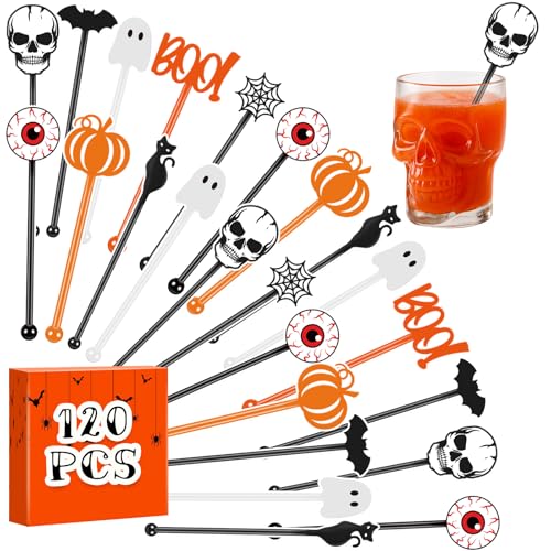 Chengu 120 Pcs Halloween Swizzle Sticks Plastic Coffee and Cocktail Stirrers Halloween Drink Stirrers Skulls Pumpkins Ghosts Cocktail Mixers for Party Tea Coffee Bar Decoration