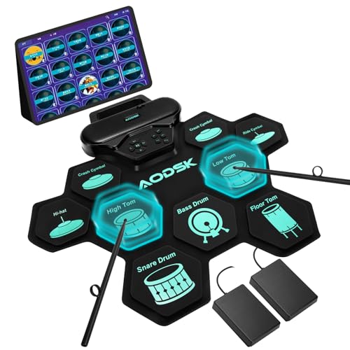 AODSK Electronic Drum Set,9 Practice Pad with Headphone Jack,Roll-up Machine Built-in Speaker Drum Pedals Drum Sticks,Great Holiday Christmas Birthday Gift