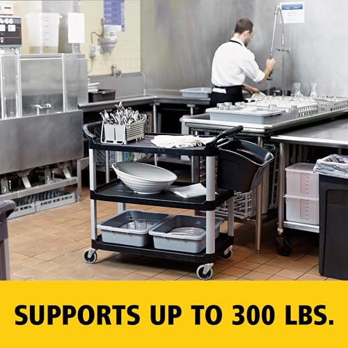 Image of Rubbermaid Commercial Products Heavy Duty 3-Shelf Rolling Service /Utility /Push Cart, 300 lbs. Capacity, Black, for Restaurant /Cleaning /Office use (FG409100BLA)