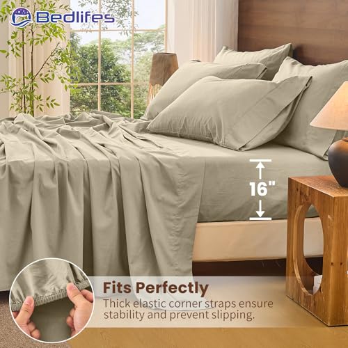 Image of Bedlifes 100% French Linen King Bed Sheet Set - 16 inch Deep Pocket, 4-Piece | Soft & Durable, Breathable & Cooling, Pure Flax Linen, OEKO-TEX Certified, Moisture-Wicking, Easy Care, Machine Washable