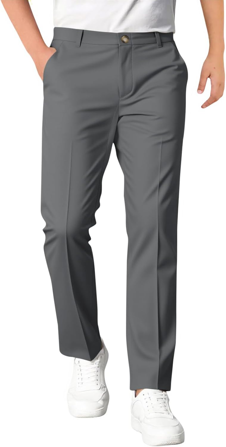 Haloumoning Boys Dress Pants Kids Elastic Waist Straight Leg Uniform Pants Casual Trousers with Pockets