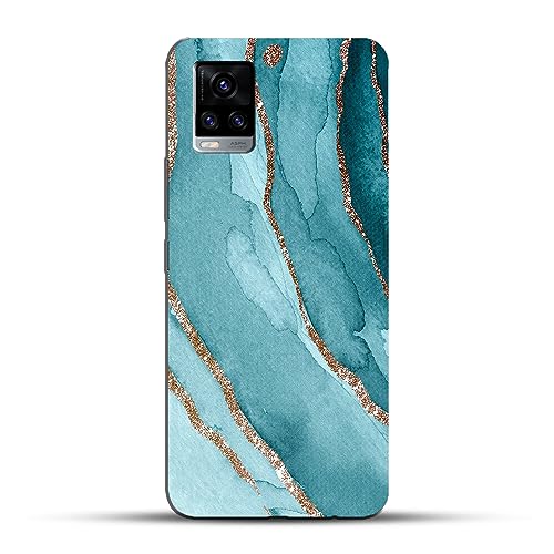 Image of COLORflow Back Cover Compatible with Vivo V20 | Beautiful Blue Marble Golden Stripes | Designer Printed Hard CASE Bumper Back Cover Compatible with Vivo V20