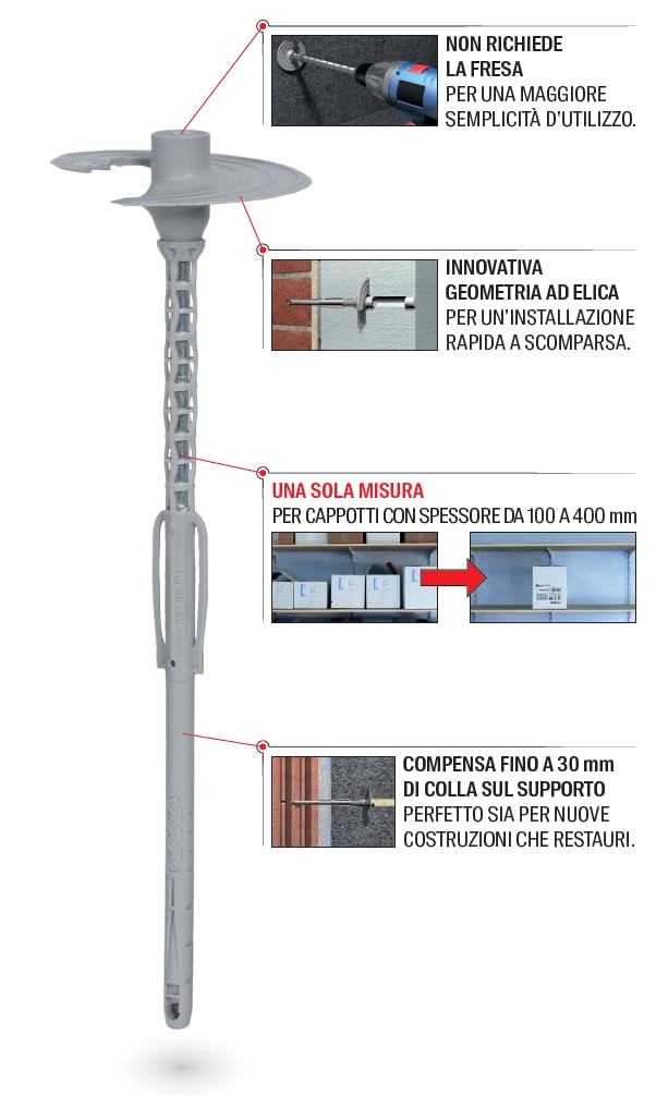 Fischer FIF-SV II Ecotwist 100 Pz. Tasselli per Cappotto e Isolanti, Universali, Misura Unica per Pannelli da 100 a 400 mm, Avvitamento a Scomparsa senza Fresa, 554404