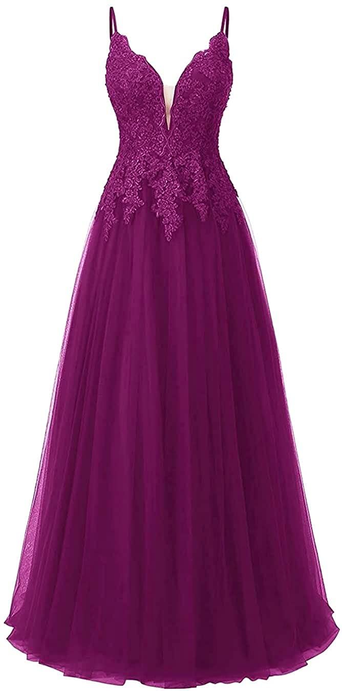 Vantexi Abito da sera da donna in pizzo per matrimonio elegante abito da sposa spaghetti spalline abiti da ballo
