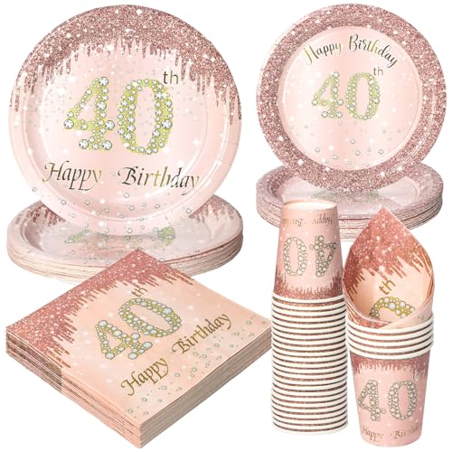 PARTY GO 96 Pcs Happy 40th Birthday Tableware Set, Rose Gold Paper Plates Cups and Napkins, Disposable Dinnerware Party Decorations for Women,Men 40th Birthday Party Supplies Serve 24 Guests