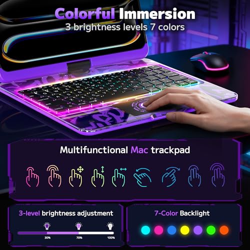 Image of Clear Keyboard Case for iPad Pro 13 inch (M4 /M5 2024 /2025),360 Swivel Multi-Touch Trackpad, with Wireless Bluetooth 3-Brightness &7-Color Backlit, Pencil Holder and Keyboard Shortcuts Purple