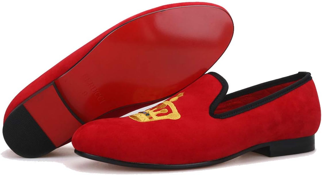 FERUCCI Handmade Red Men Velvet Slippers Loafers with Gold Crown (9)