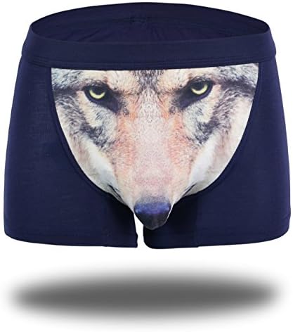 Sexy Tide Men's Sexy Funny 3D Cartoon Wolf Head Animal Print Boxer Briefs Novelty Underpants Flexible Stretch Underwear Blue-L