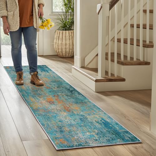 Washable Area Rugs 2'x6' Non-Slip Modern Abstract Soft for Living Room Entryway Bedroom Nursery, Print Pattern, Teal Blue Green Orange Rust Red Colorful