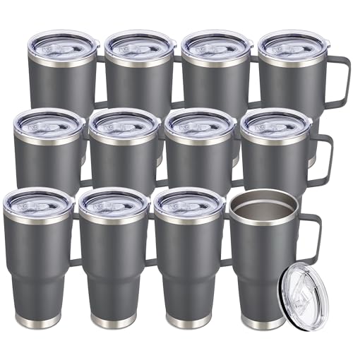 Image of 30 oz Stainless Steel Tumblers Bulk with Handle and Lid, 12 Pack | Powder Coated, Double Wall Vacuum Insulated, Leak Proof Lid, Keep Drinks Cold and Hot, for office, party, camping, Grey