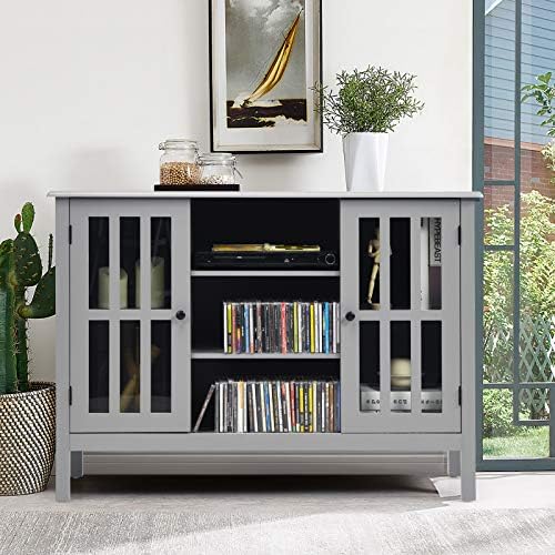 COSTWAY TV Stand for TVs up to 50 Inches, Wooden TV Cabinet Media Entertainment Center with 2 Tempered Glass Doors and 3 Storage Shelves, Home Living Room Bedroom Television Console Table (Grey)
