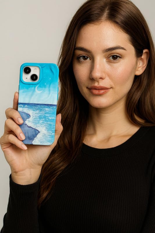 Image of COVERLY for iPhone 14 Plus Aesthetic Ocean Wave Sky Design Mobile Back Case Cover, Luxury Texture Trendy Cute Blue Sea Moonlight Cool Design -Shade 3D Wrinkle Princess Cover for Apple iPhone 14 Plus