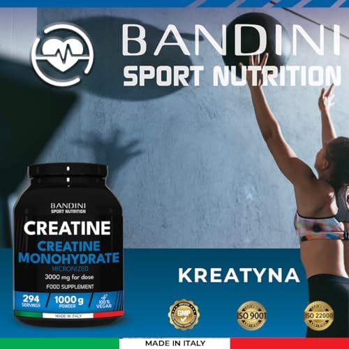 Bandini Kreatyna Monohydrate Micronised 1kg/1000g MERCURY FREE 100% czysty proszek - wegański - suplement diety na siłownię, dla sportowców, fitness, przedtreningowy - na bazie monohydratu kreatyny