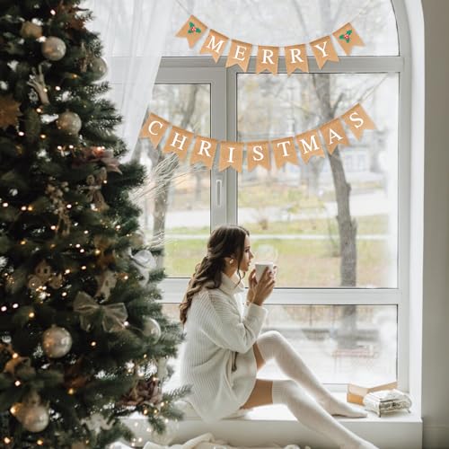 G2PLUS Merry Christmas Burlap Bunting Banner, 4.8M Banner with Holly Leaves, Vintage Merry Christmas Garland with 16 Flag Pennants, Rustic Hessian Bunting for Decoration - Image 6