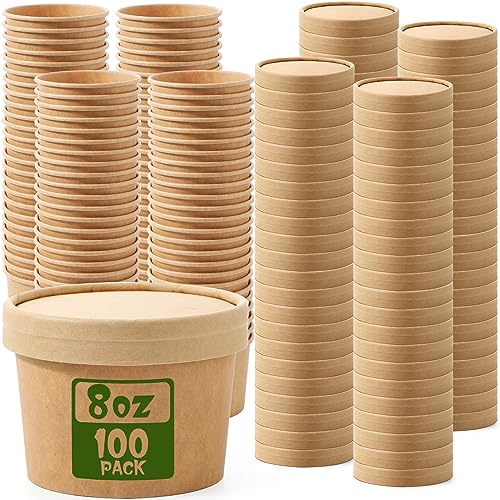 Fulmoon 100 Pack Paper Soup Containers with Lids Disposable Paper Food Containers with Vented Lid Kraft Ice Cream Cake Dessert Cups Soup Bowl for Party Hot Food Fruit Microwave (8 oz Brown)