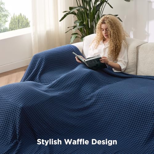 Image of Bedsure Cooling Cotton Waffle Oversized King Blanket - Lightweight Breathable Rayon Derived from Bamboo for Hot Sleepers, Luxury Throws for Bed and Sofa, Navy, 120x96 Inches