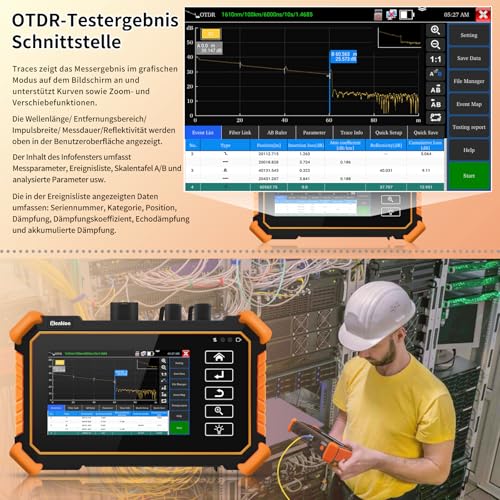 Henkion OTDR Fiber Optic Tester 1610nm 26dB, Glasfasertester unterstützt OPM, LS, OLS, VFL, Ereigniskarte, UTP/RJ45 TDR kabeltest/Längenkabeltester, Netzwerktester, 8 Faseradapter, FTP/Bericht