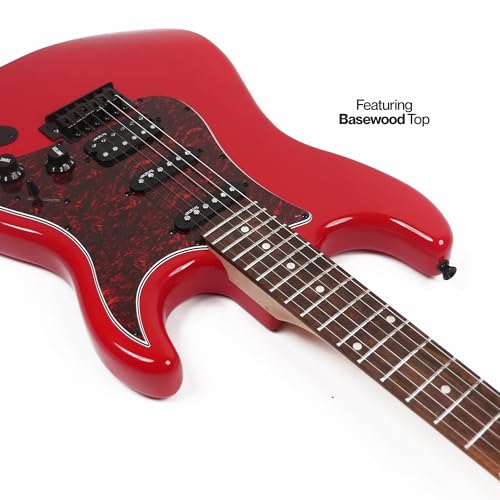 Image of SEST230 HSS Electric Guitar with Bag | Beginner Electric Guitar Kit with HSS Pickups, Basswood Body, Maple Neck & Rosewood Fretboard, Tremolo Bridge| Includes Padded Gig Bag & Allen Key (Red)