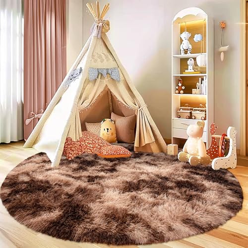 Round Fluffy Brown Tie-dye Rug - 3FT Super Soft Circular Shaggy Plush Carpet for Kids' Room