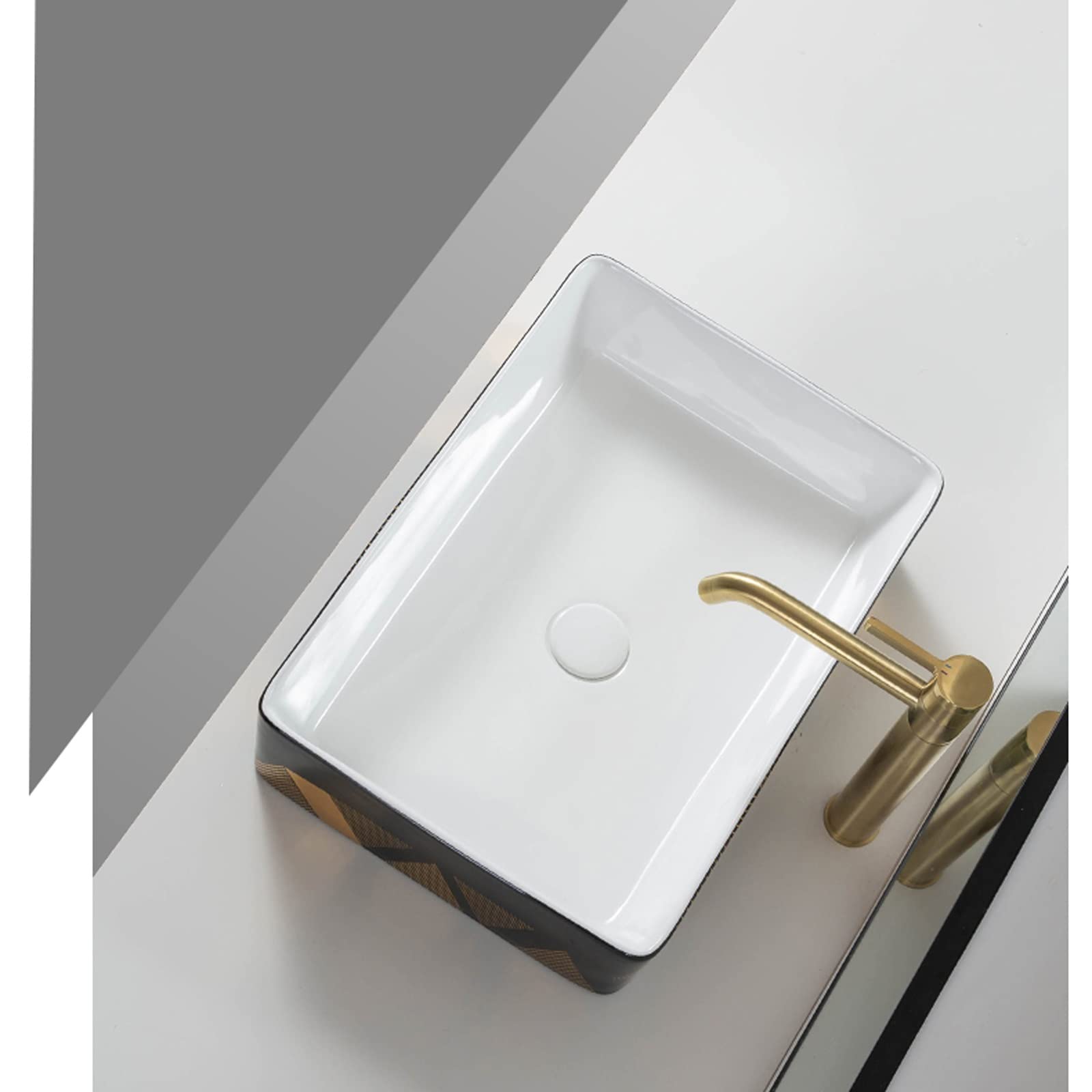 Zlewozmywak nablatowy nablatowy, zlew łazienkowy, ceramiczny zlew porcelanowy prostokątny czarny zlew na naczynia ze złotymi liniami dekorującymi wygląd zewnętrzny, L 60 cm x szer. 33,8 cm x wys. 10,9