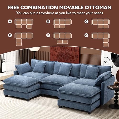 Image of Ihanherry 111.4 inch U Shaped Modern Sofa Modular Sectional Cloud Couch with 2 Ottoman, 5-Seat Chenille Deep Seat Sofa with Pillow for Living Room, Bedroom and Apartment, Blue