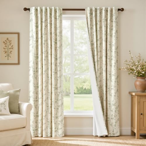 Lazzzy Blackout Vintage Floral Linen Curtains Green on Beige 50×84 2 Panels