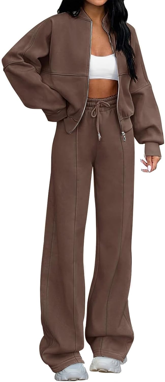Women's 2 Piece Outfits Zip Up Long Sleeve Sweatshirt with Wide Leg Sweatpants Casual Tracksuit Lounge Sets Sweatsuits