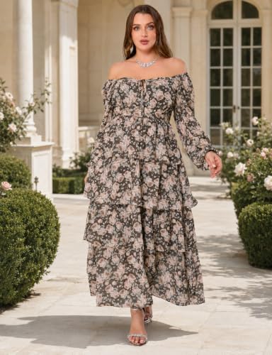 Image of EYWOL Plus Size Long Sleeve Floral Tiered Semi Formal Wedding Guest Dress