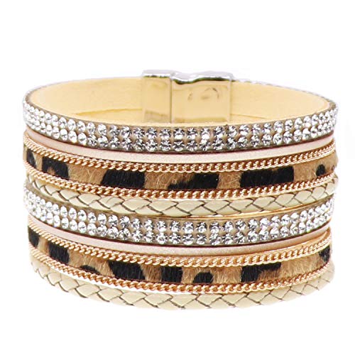 KSQS Leopard Rhinestone Multilayer Leather Wrap Bracelets,Boho Cheetah Print Gorgeous Cuff Bracelet with Magnetic Buckle,Casual Bangle for Women